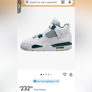 Jordan Kids White and Dark Green Retro 4 Sneakers